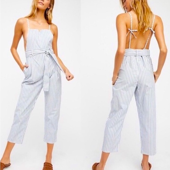 Free People] Blue White strips Belted Overall Jumpsuit - Picture 1 of 16
